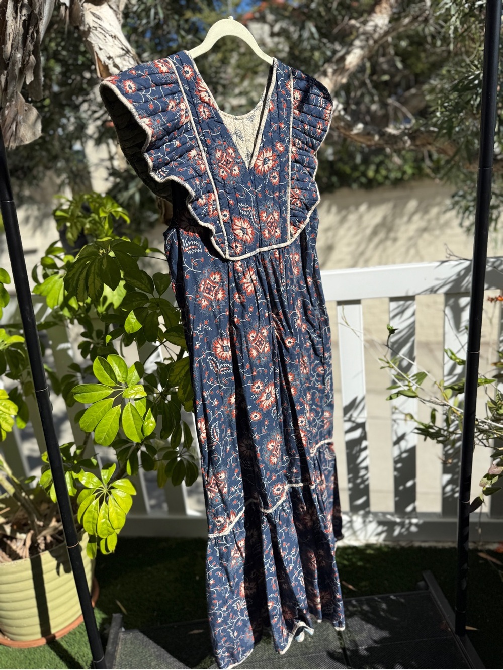 SEA New York quilted Boho Floral box print Maxi Dress with pockets Ruffle size L